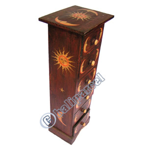 Wooden Cabinet With Drawers, Hand Painted With Sun & Moon Motif