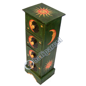 Wooden Cabinet With Drawers, Hand Painted With Sun & Moon Motif