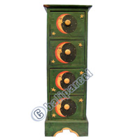 Wooden Cabinet With Drawers, Hand Painted With Sun & Moon Motif