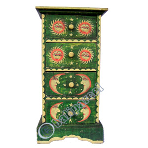 Wooden Cabinet With Drawers, Hand Painted With Sun & Moon Motif