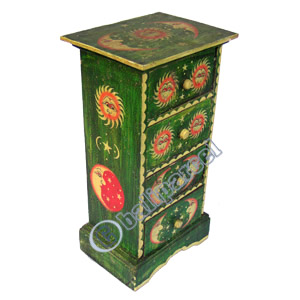 Wooden Cabinet With Drawers, Hand Painted With Sun & Moon Motif