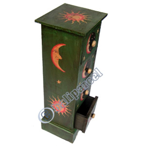 Wooden Cabinet With Drawers, Hand Painted With Sun & Moon Motif