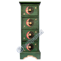 Wooden Cabinet With Drawers, Hand Painted With Sun & Moon Motif