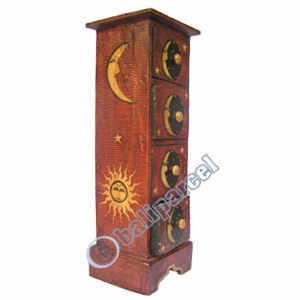 Wooden Cabinet With Drawers, Hand Painted With Sun & Moon Motif