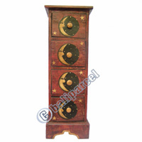 Wooden Cabinet With Drawers, Hand Painted With Sun & Moon Motif