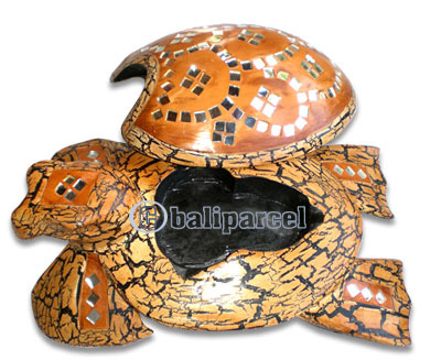 Turtle Ashtray, Handmade From Albesia Wood And Mosaic