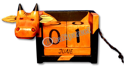 Calendar With Pig, Hadmade From Albesia Wood
