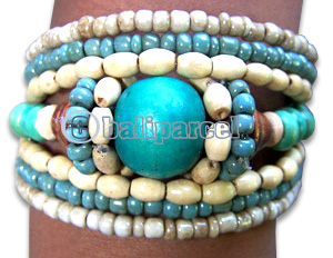 Bracelet, Handmade From Glassbead And Wooden Bead.