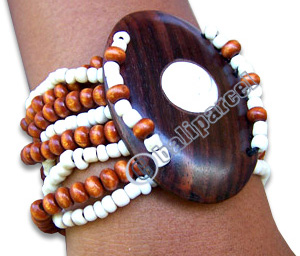 Bracelet, Handmade From Wooden Bead And Glasbead, Sonowood Inlaid With Shiva Eye