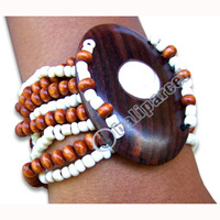 Bracelet, Handmade From Wooden Bead And Glasbead, Sonowood Inlaid With Shiva Eye