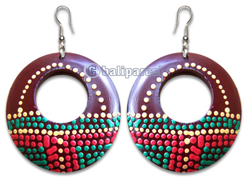 Wooden Earring, Handmade From Sono Wood With Dot Art Painted.