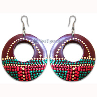 Wooden Earring, Handmade From Sono Wood With Dot Art Painted.