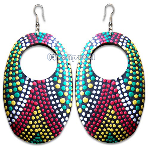 Wooden Earring, Handmade From Sono Wood With Dot Art Painted.