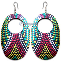 Wooden Earring, Handmade From Sono Wood With Dot Art Painted.