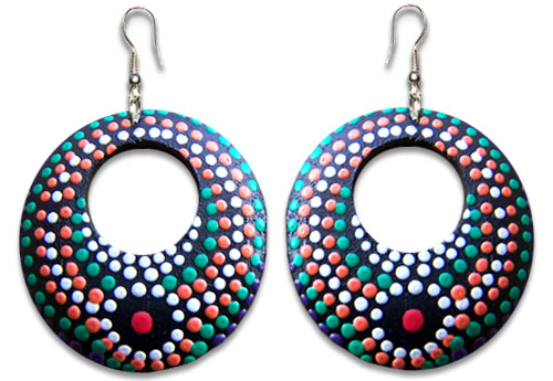 Wooden Earring, Handmade From Sono Wood With Dot Art Painted.