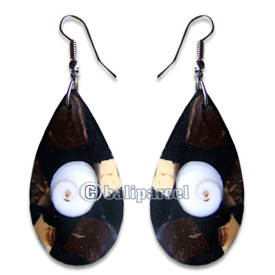 Earring, Handmade From Resin Inlaid With Coconut And Shell Shiva Eye.