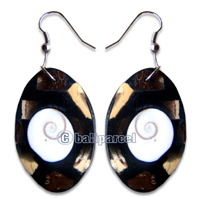Earring, Handmade From Resin Inlaid With Coconut And Shell Shiva Eye.
