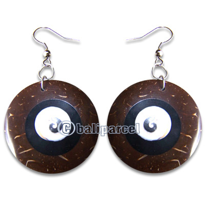 Earring, Handmade From Resin Inlaid With Coconut And Shell Shiva Eye.