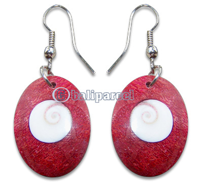 Earring, Handmade From Red Coral Inlaid With Shiva Eye, Ovale