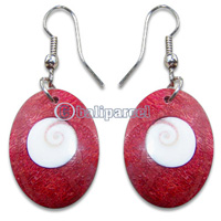 Earring, Handmade From Red Coral Inlaid With Shiva Eye, Ovale