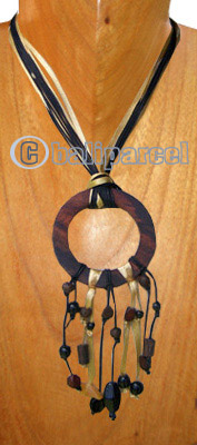 Necklaces, Handmade From Cotton String, Sono Wood And Glass Beads