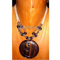 Necklace, Handmade From Sono Inlaid With Metal, Wooden Beads And Cotton String.