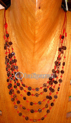 Necklace, Handmade From Glass Beads And Wooden Beads, Cotton String.