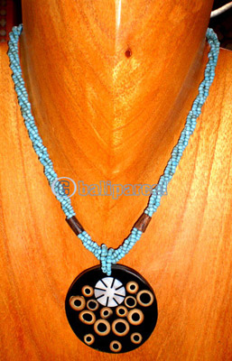 Necklace, Handmade From Glass Beads And Resin Inlaid With Bamboo.
