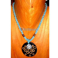 Necklace, Handmade From Glass Beads And Resin Inlaid With Bamboo.