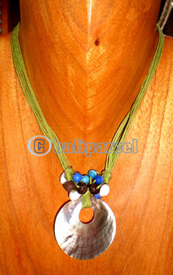Necklace, Handmade From Glass And Wooden Beads, Shell And Cotton String.