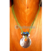 Necklace, Handmade From Glass And Wooden Beads, Shell And Cotton String.