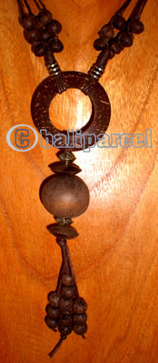 Necklace, Handmade From Wooden Beads, Coconut Shell And Cotton String.