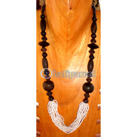 Necklace, Handmade From Glass Beads And Wooden Beads