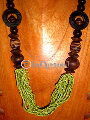 Necklace, Handmade From Glass Beads And Wooden Beads