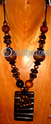 Necklace, Handmade From Galss And Wooden Beads, Sono Wood And Cotton String.