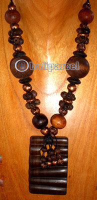 Necklace, Handmade From Galss And Wooden Beads, Sono Wood And Cotton String.