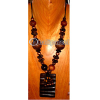 Necklace, Handmade From Galss And Wooden Beads, Sono Wood And Cotton String.