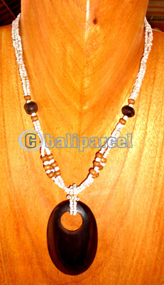 Necklace, Handmade From Glass Beads And Wooden Beads, Sono Wood.