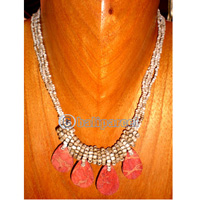 Necklace, Handmade From Glass Beads And Red Coral