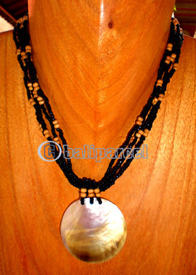 Necklace, Handmade From Shell, Glass And Wooden Beads.