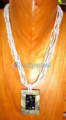 Necklace, Handmade From Resin Inlaid With Shell And Glass Beads.