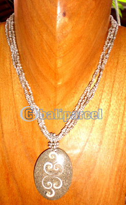 Necklace, Handmade From Glass Beads And Stone Inlaid With Resin