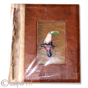 Photo Album, Handmade From Carton Decorated With Cinnamon Stick, Natural Leaves And Animal Carving