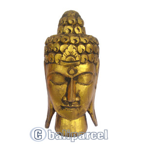 Buddha Head With Gold Painted, Handmade From Albesia Wood