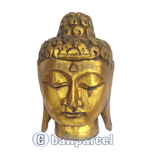 Buddha Head With Gold Painted, Handmade From Albesia Wood