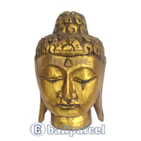 Buddha Head With Gold Painted, Handmade From Albesia Wood
