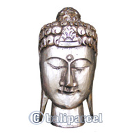 Buddha Head With Silver Painted, Handmade From Albesia Wood