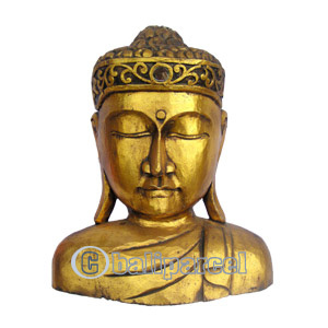 Buddha Head With Gold Painted, Handmade From Albesia Wood