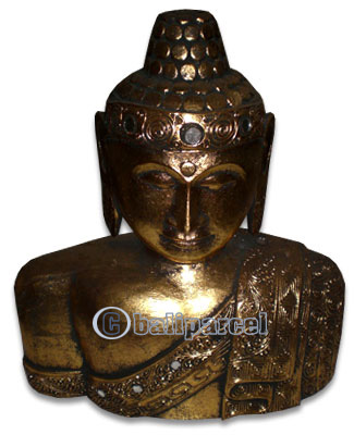 Buddha Head With Gold Painted, Handmade From Albesia Wood