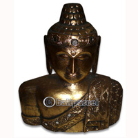 Buddha Head With Gold Painted, Handmade From Albesia Wood